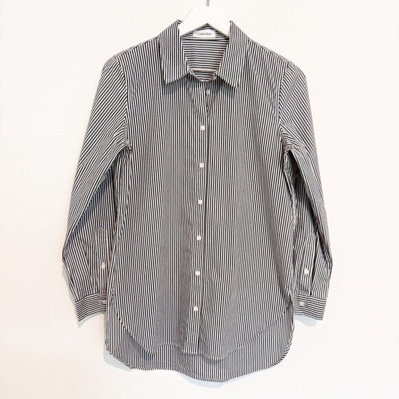 Calvin Klein Striped Button Up Roll Tab Shirt Office Work Business Casual Top - Picture 2 of 8